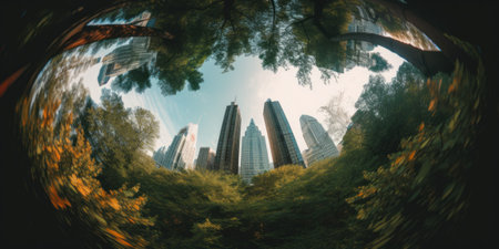 A view of a city through a fish eye lens. Generative AI image.の素材