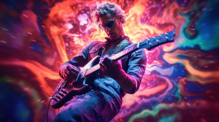 A man playing a guitar in front of a colorful background. Generative AI image.の素材