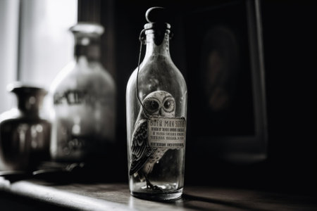 A bottle with an owl on it sitting on a shelf. Generative AI image.の素材