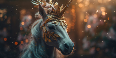 A white horse with a crown on its head. Generative AI image.の素材
