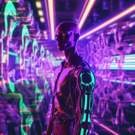 A man in a futuristic suit standing in front of neon lights. Generative AI image.の素材
