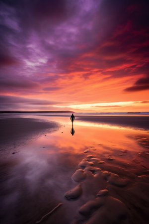 A person walking on a beach at sunset. Generative AI image.の素材