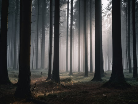 A forest filled with lots of tall trees. Generative AI image.の素材
