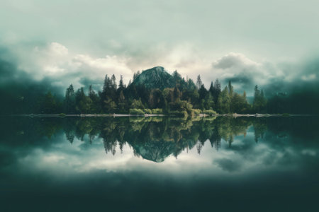 A lake with a mountain in the background. Generative AI image.の素材