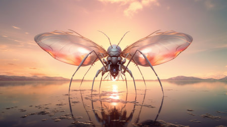 A large insect sitting on top of a body of water. Generative AI image.の素材