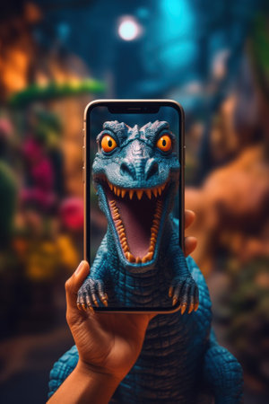 A person taking a picture of a toy dinosaur. Generative AI image.の素材