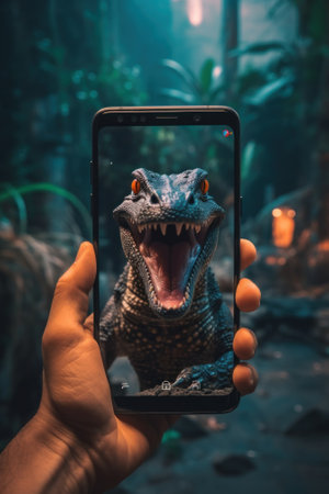 A person taking a picture of a dinosaur with a cell phone. Generative AI image.の素材