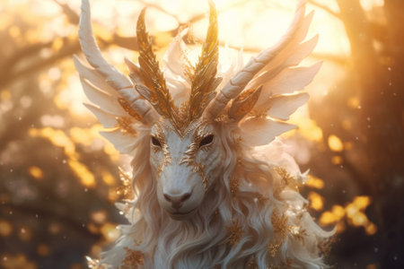 A close up of a goat with a golden crown on its head. Generative AI image.の素材