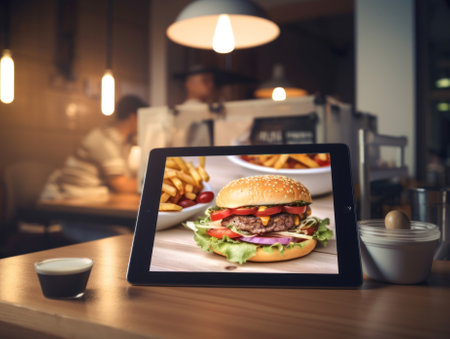 A tablet with a picture of a burger on it. AI generative image.の素材