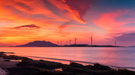 A beautiful sunset with wind turbines in the distance. AI generative image.の素材
