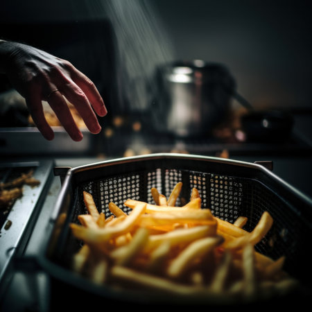 A person reaching for a basket of french fries. AI generative image.の素材