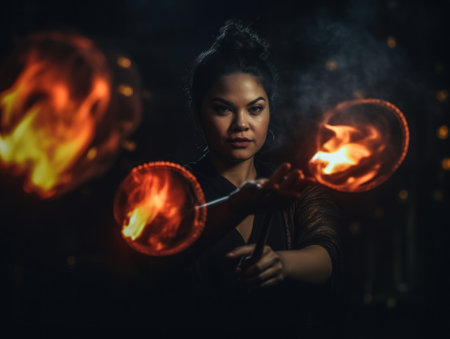 A woman holding a pair of fire wands. Generative AI image.の素材