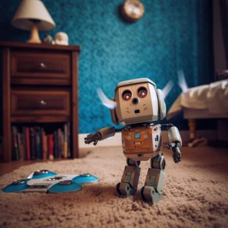 A toy robot standing on the floor in a room. Generative AI image.の素材