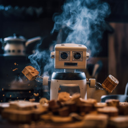 A robot that is sitting on a table. Generative AI image.の素材