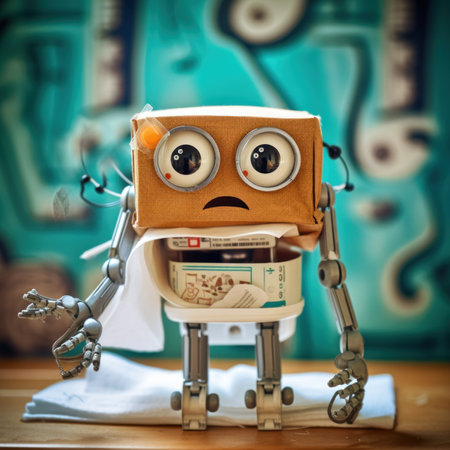 A toy robot with a paper box on it"s head. Generative AI image.の素材