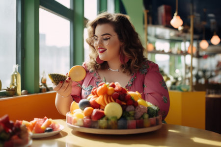 A woman sitting at a table with a plate of fruit. Generative AI image.の素材