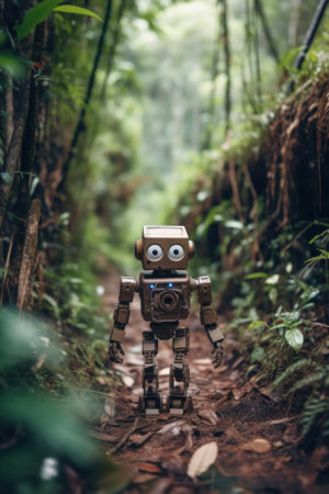A toy robot standing in the middle of a forest. Generative AI image.の素材