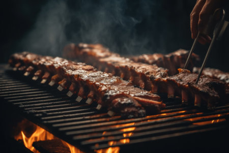 A person is cooking meat on a grill. Generative AI image.の素材
