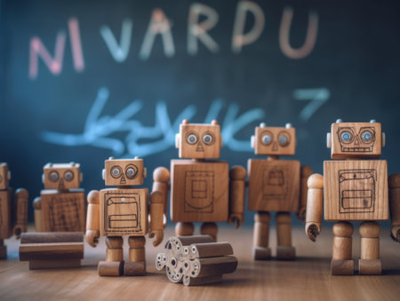 A group of wooden robots standing in front of a chalkboard. Generative AI image.の素材