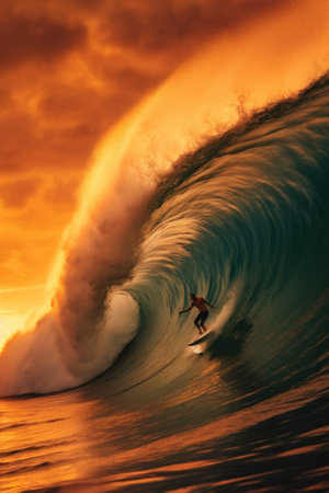 A surfer rides a large wave at sunset. Generative AI image.の素材