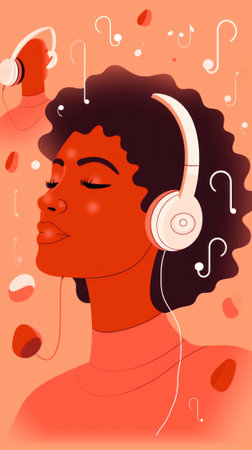A woman with headphones listening to music. Generative AI image.の素材