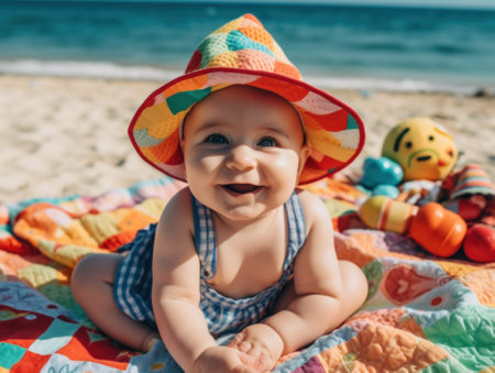 A baby sitting on a blanket on the beach. Generative AI image.の素材