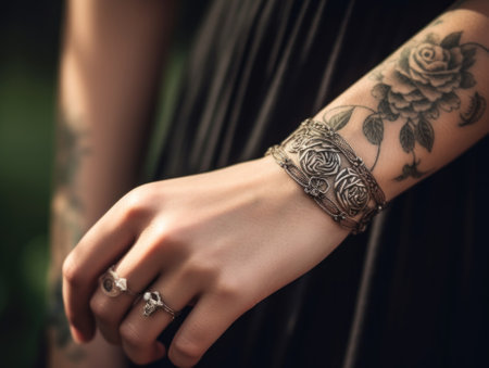 A woman with a tattoo on her arm. Generative AI image.の素材