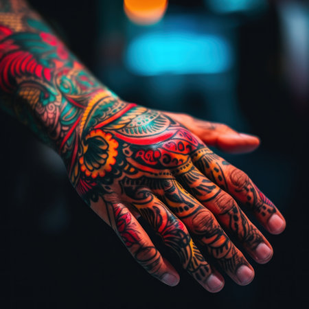 A close up of a persons hand with tattoos. Generative AI image.の素材