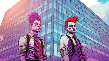 A couple of men standing in front of a tall building. Generative AI image.の素材