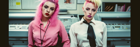 A couple of women with pink hair standing next to each other. Generative AI image.の素材