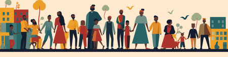 A group of people standing in front of a city. Generative AI image.の素材