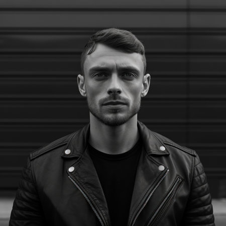 A man in a leather jacket looking at the camera. Generative AI image.の素材