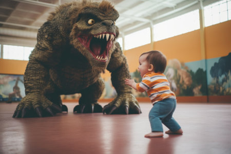 A small child standing in front of a fake dinosaur. Generative AI image.の素材