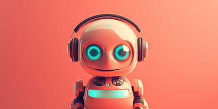 A red robot with headphones and glowing eyes. Generative AI image.の素材