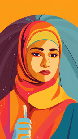A woman in a hijab holding an umbrella. Generative AI image.の素材