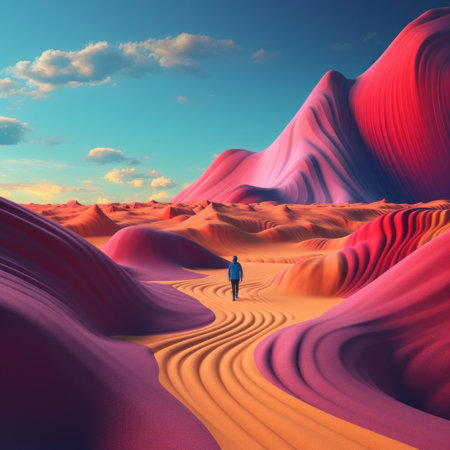 A person walking through a desert with a mountain in the background. Generative AI image.の素材