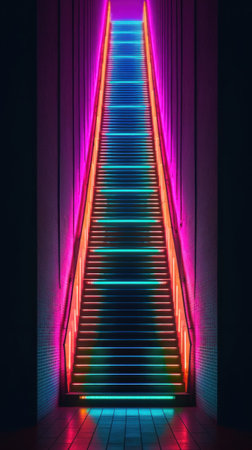 A set of stairs with neon lights on them. Generative AI image.の素材