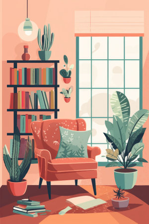A living room with a chair, bookshelf and plants. Generative AI image.の素材