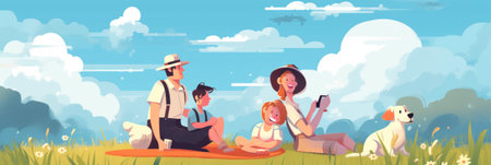 A group of people sitting on a blanket in a field. Generative AI image.の素材