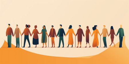 A group of people holding hands in a line. Generative AI image.の素材