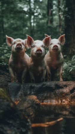 Three little pigs standing on a log in the woods. Generative AI image.の素材