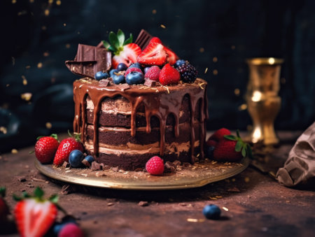 A chocolate cake with strawberries, blueberries and chocolate. Generative AI image.の素材