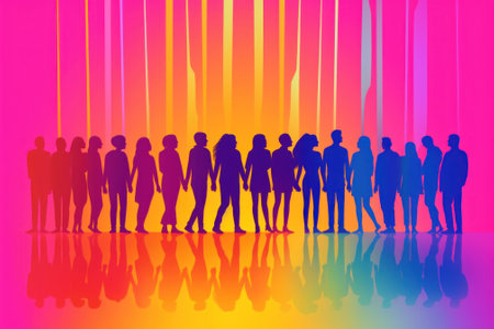 A group of people standing in front of a rainbow background. Generative AI image.の素材