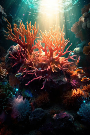 An underwater scene with corals and fish. Generative AI image.の素材
