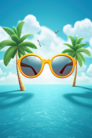 A pair of sunglasses sitting on top of a beach. Generative AI image.の素材