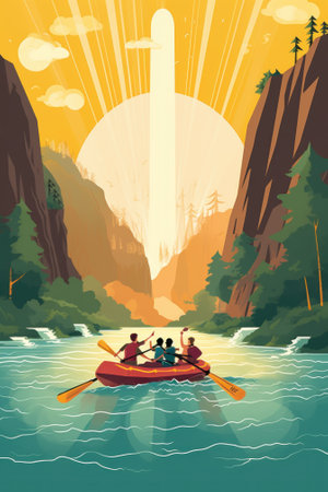 A group of people in a boat on a river. Generative AI image.の素材