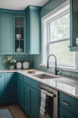 A kitchen with blue cabinets and white counter tops. Generative AI image.の素材