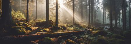 The sun shines through the trees in the forest. Generative AI image.の素材