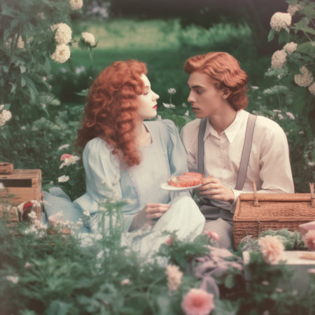 A man and a woman sitting in a garden. Generative AI image.の素材