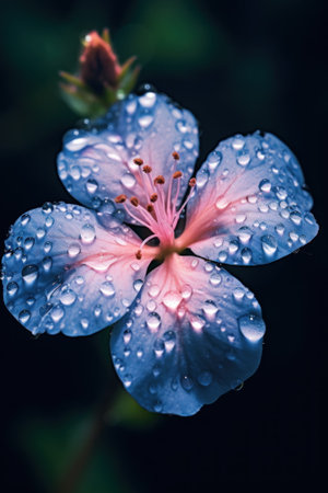 A close up of a flower with water droplets on it. Generative AI image.の素材